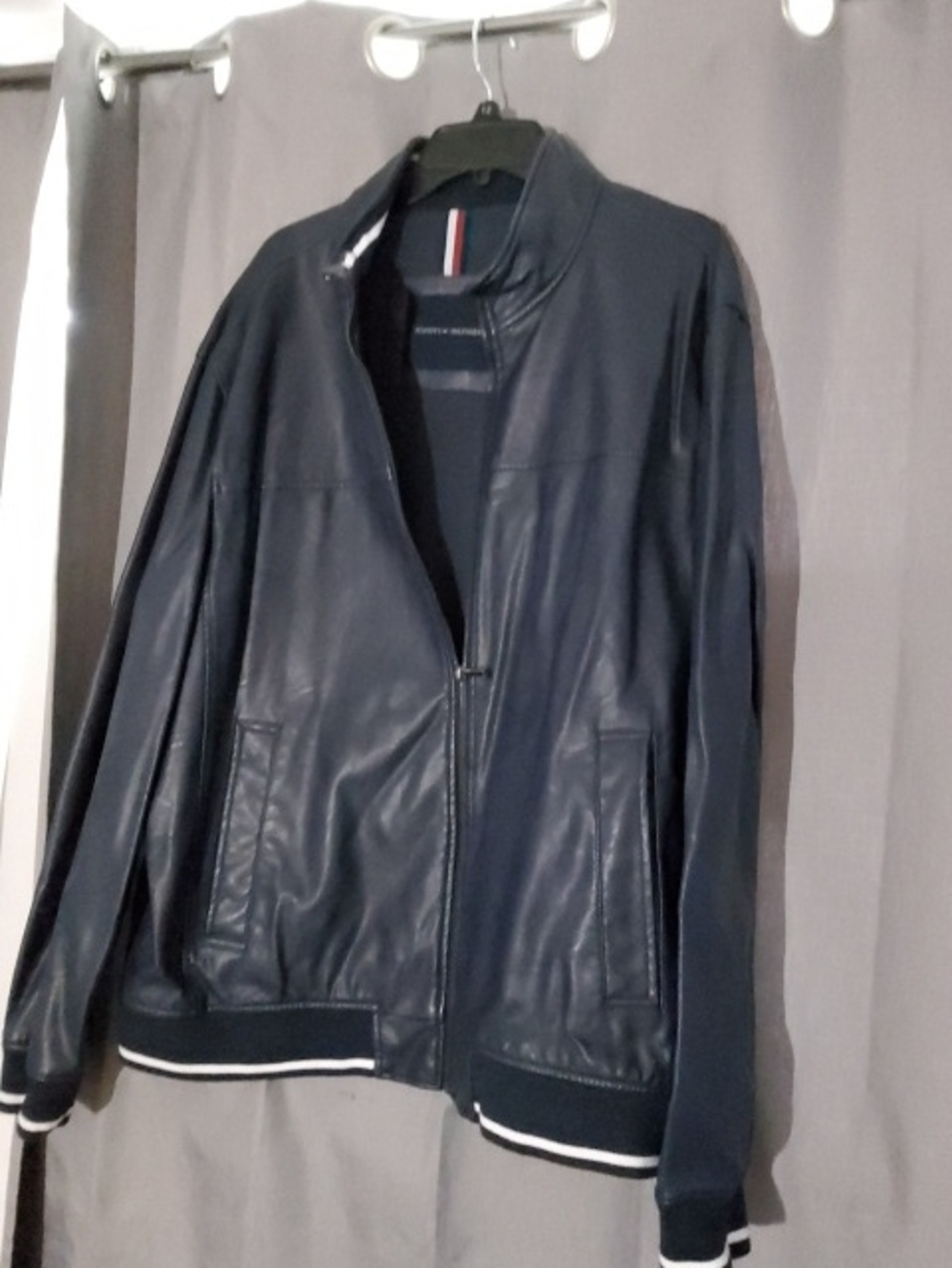 Tommy Hilfiger Navy Leather Bomber Jacket with Stripe Trim